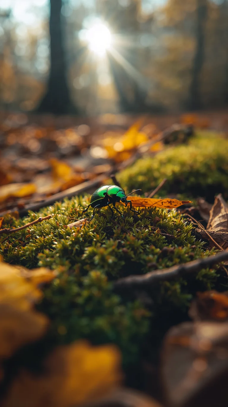 Autumn forest animal wallpapers beetle on mossy ground.