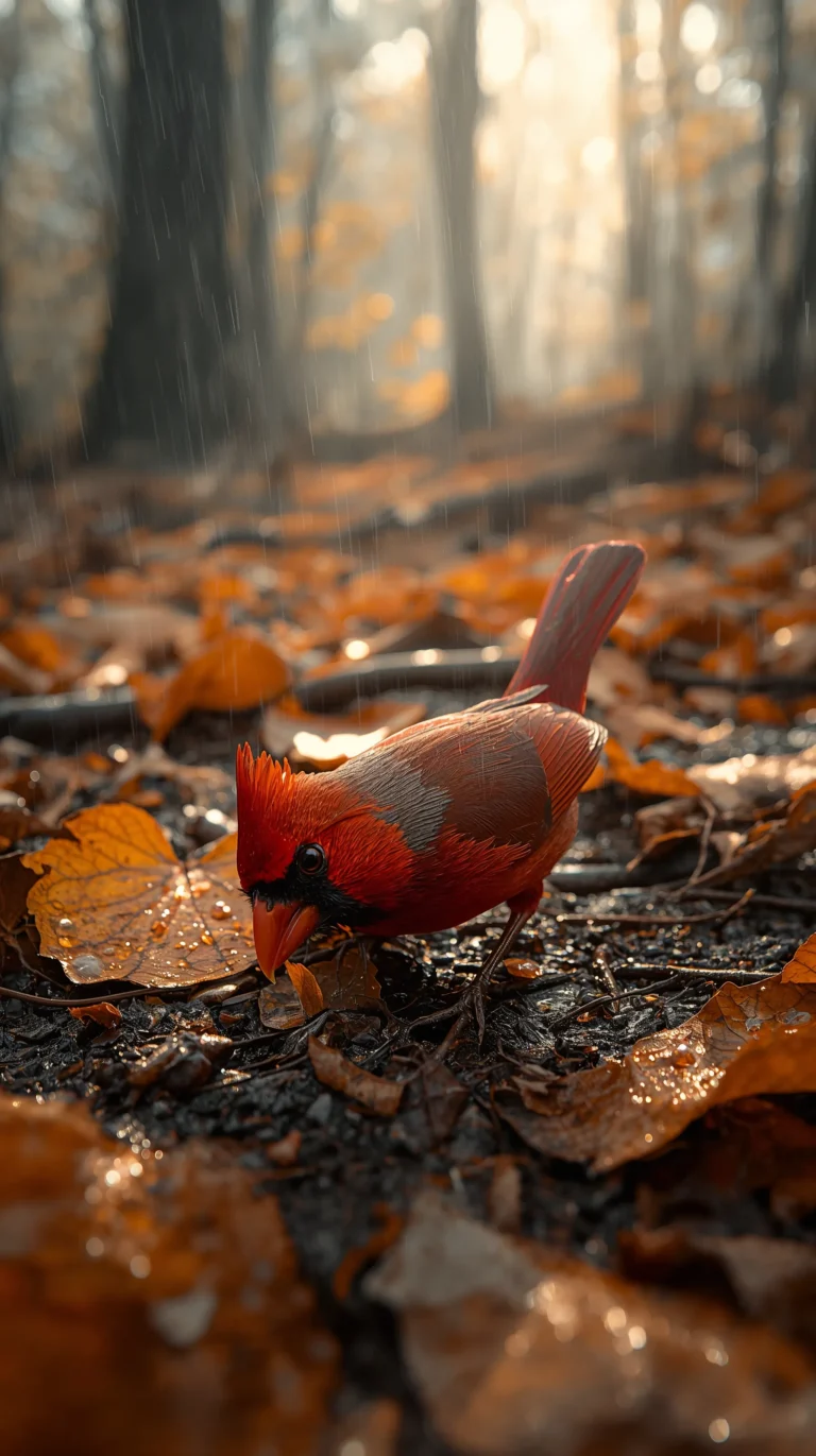 Autumn forest animal wallpapers cardinal picking worm.