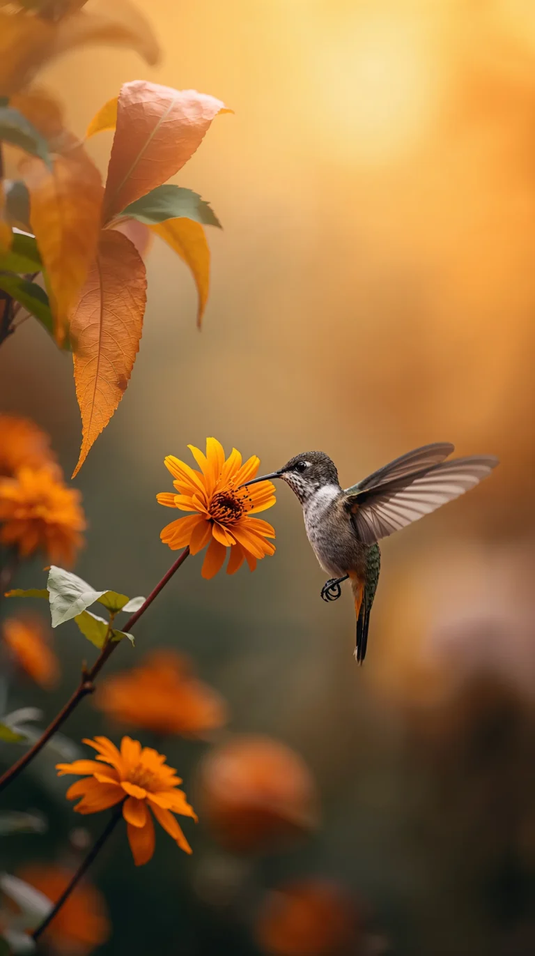 Autumn forest animal wallpapers humminbird among flower.
