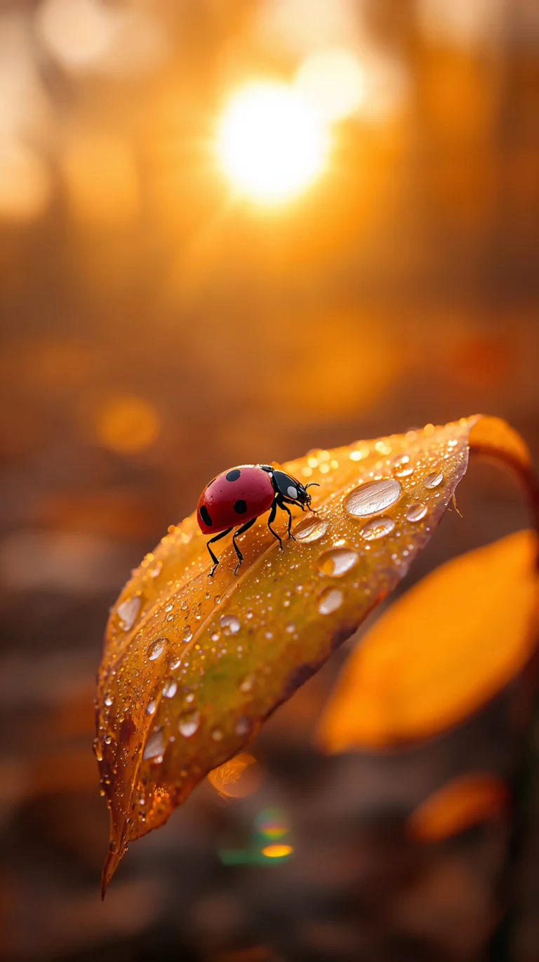 Autumn forest animal wallpapers ladybug on dewy leaf.