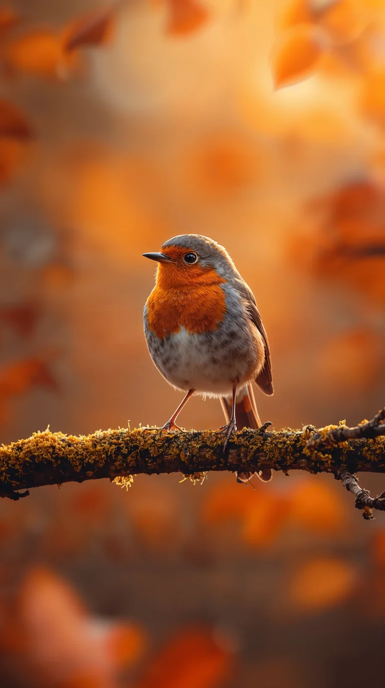 Autumn forest animals wallpapers, robin on golden branch