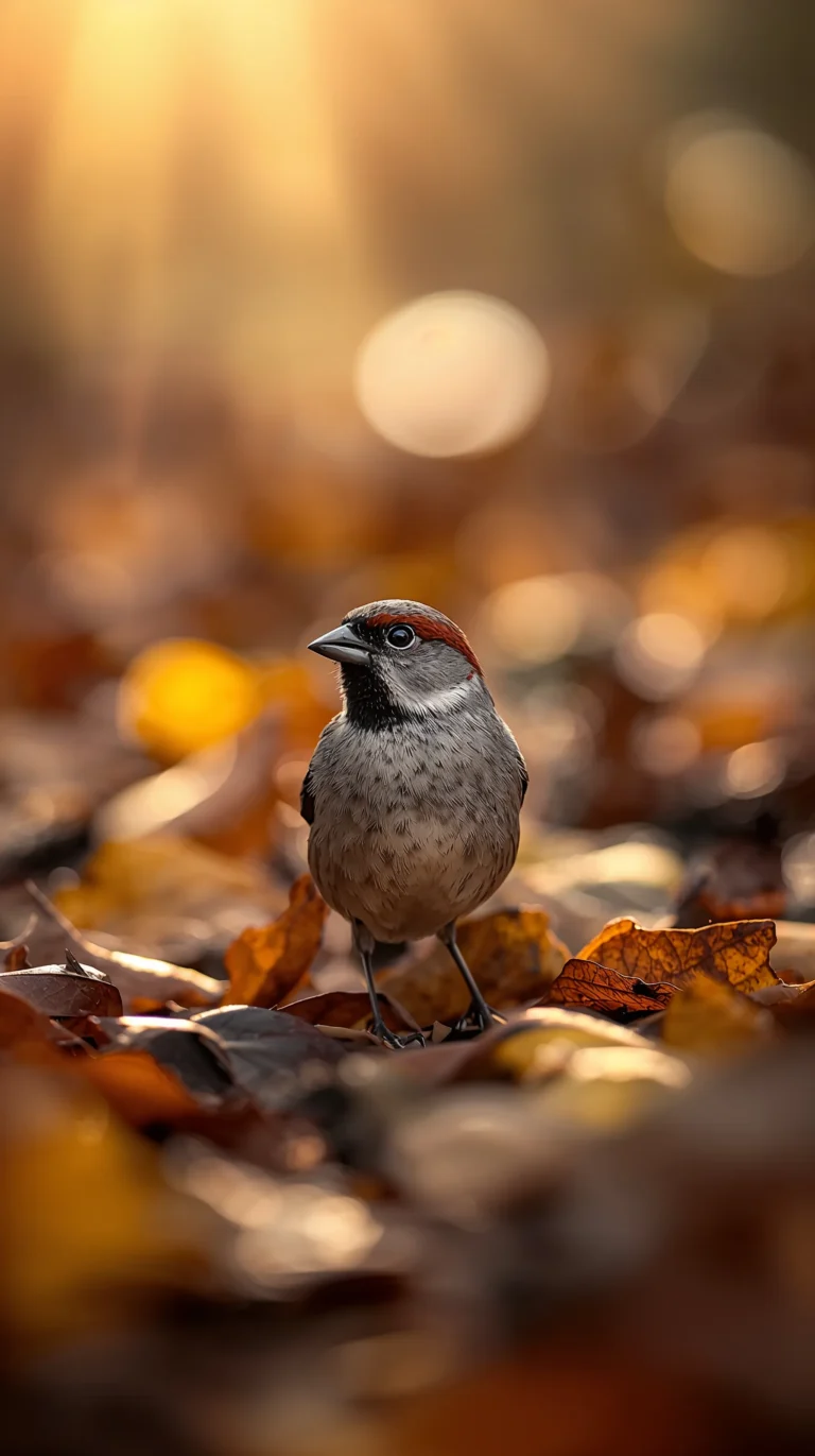 Autumn forest animal wallpapers sparrow on leaves.