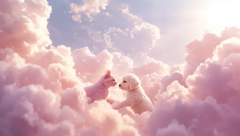 cute pastel wallpapers showing a pink cat and cream puppy playfully chasing each other through cotton-candy clouds ipad
