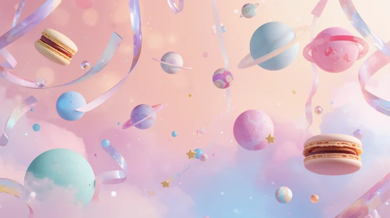 cute pastel wallpapers featuring floating macaron planets and ribbons in dreamy rainbow gradients laptop