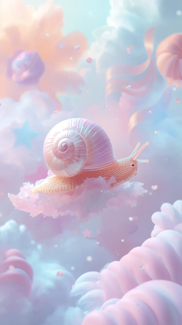 cute pastel wallpapers of a pastel snail gliding gently across airy clouds shaped like ribbons and stars phone
