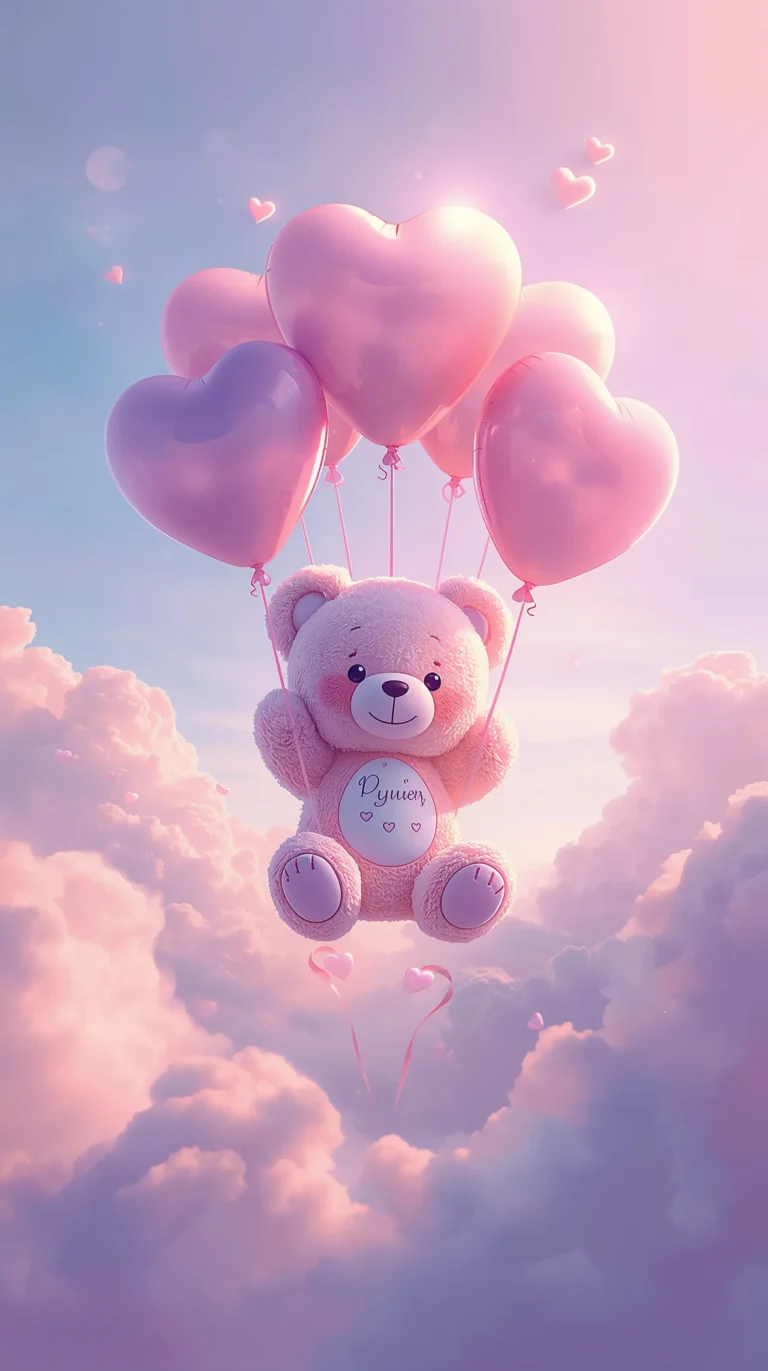 cute pastel wallpapers showing a fluffy teddy bear flying with heart-shaped balloons among pastel clouds phone