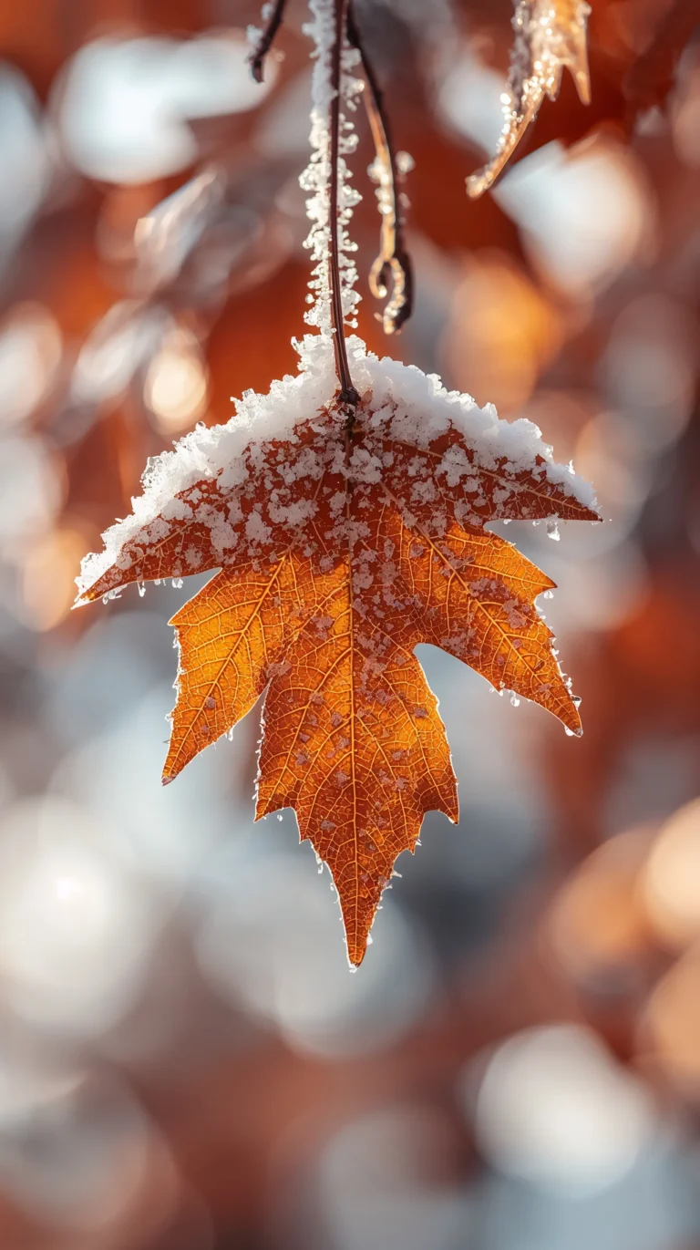 First snow wallpapers featuring a macro shot of an autumn maple leaf with frost crystals under soft sunlight, capturing the transition from autumn to winter.