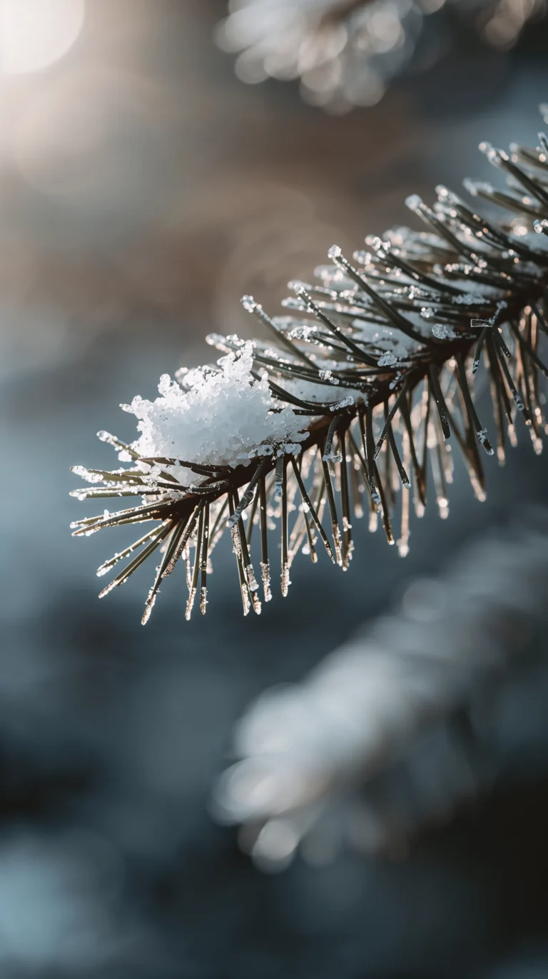 First snow wallpapers showing a peaceful forest path where sunlight meets fresh snow and golden leaves — the perfect autumn-to-winter transition scene, for phone.