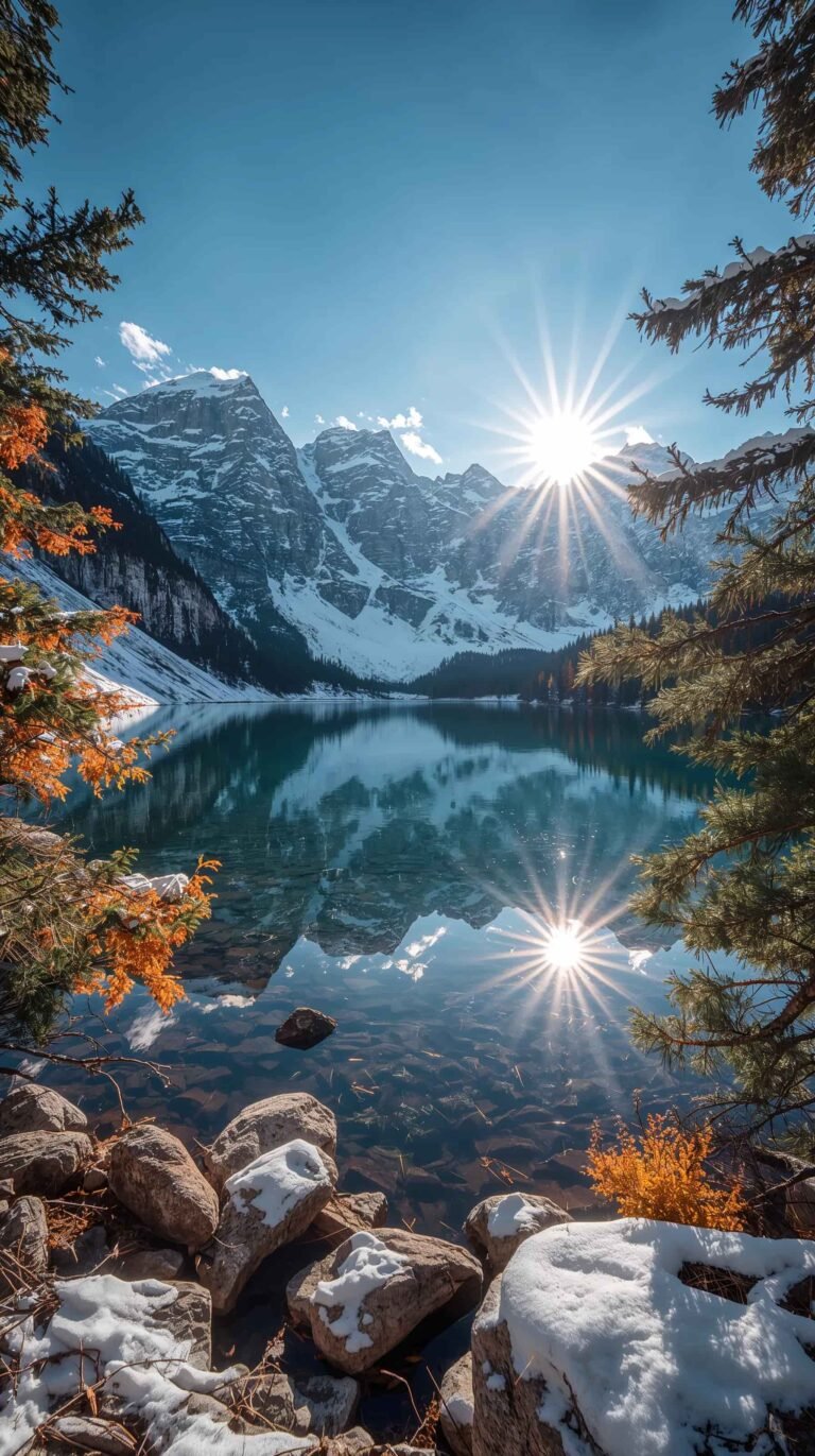 First snow wallpapers with majestic mountain landscape under sunlight, capturing the beauty of fresh snow and clear skies in early winter lake for phone.