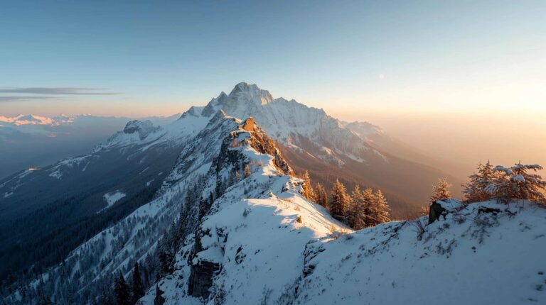 First snow wallpapers with majestic mountain landscape under sunlight, capturing the beauty of fresh snow and clear skies in early winter, long for laptop.