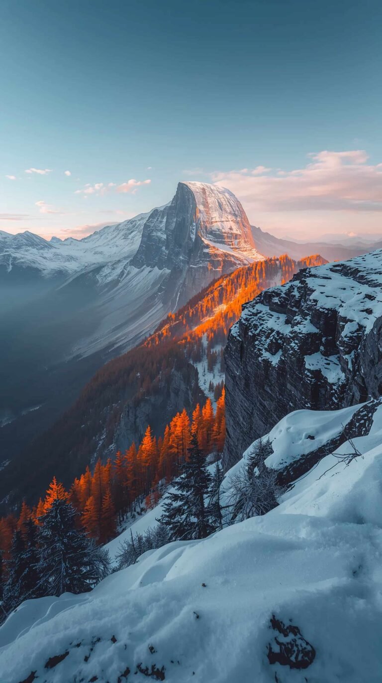 First snow wallpapers with majestic mountain landscape under sunlight, capturing the beauty of fresh snow and clear skies in early winter for phone.