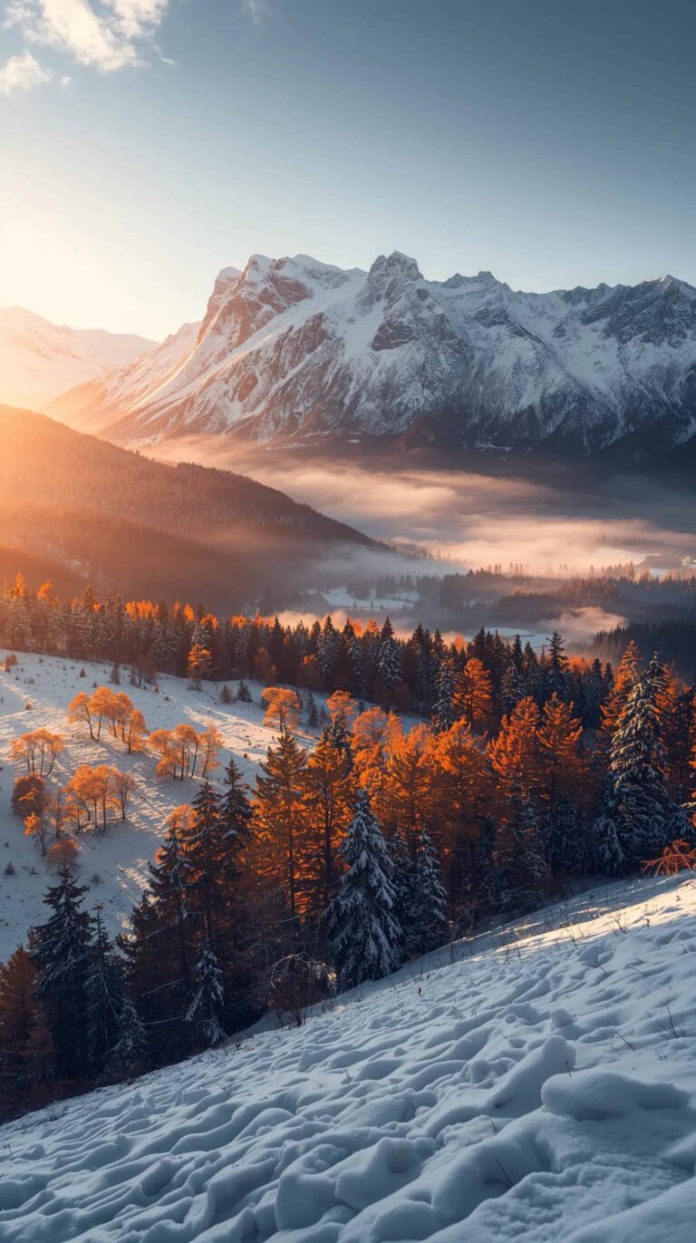 First snow wallpapers with majestic mountain landscape under sunlight for phone.