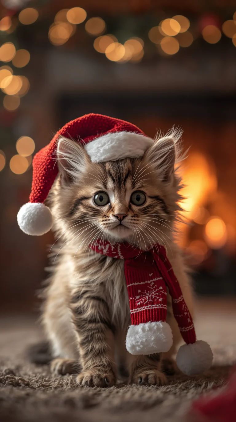 cute-christmas-animal-wallpapers-santa-kitten-fireplace-phone
