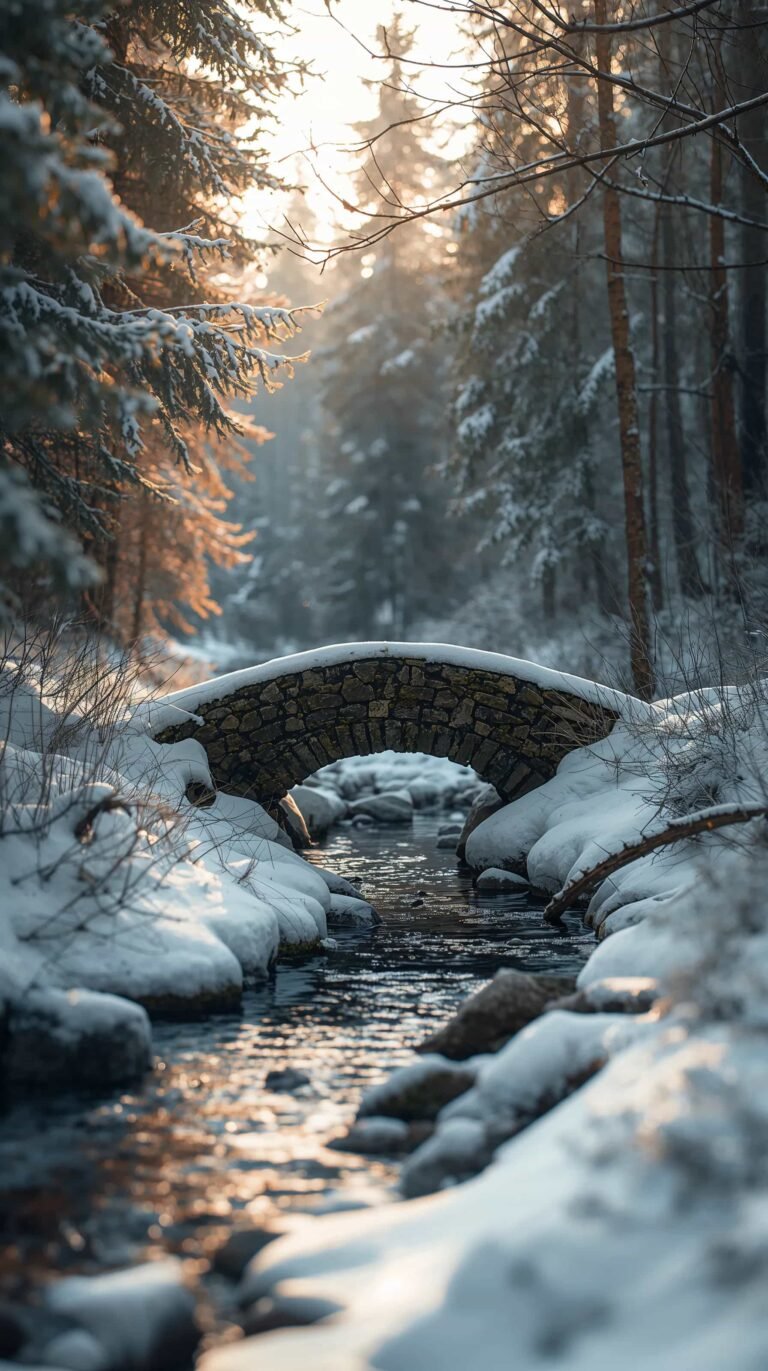 vintage-cottagecore-winter-wallpapers-stone-bridge-snowy-forest-phone