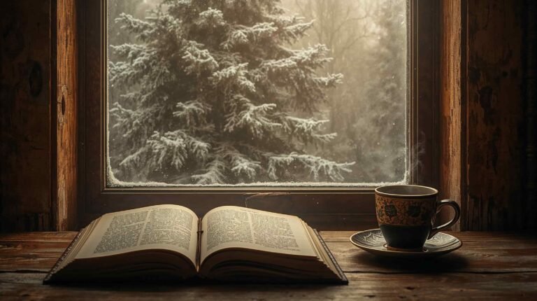 vintage-cozy-wallpapers-open-book-snowy-pine-window-laptop