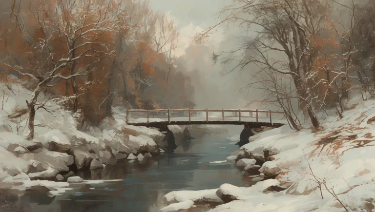 vintage-winter-landscape-wallpapers-frozen-river-bridge-painting-ipad