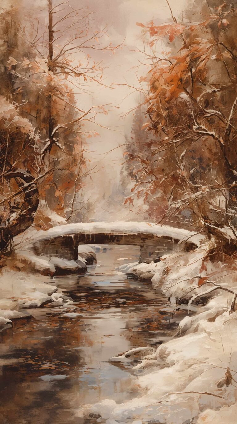 vintage-winter-landscape-wallpapers-frozen-river-bridge-painting-phone
