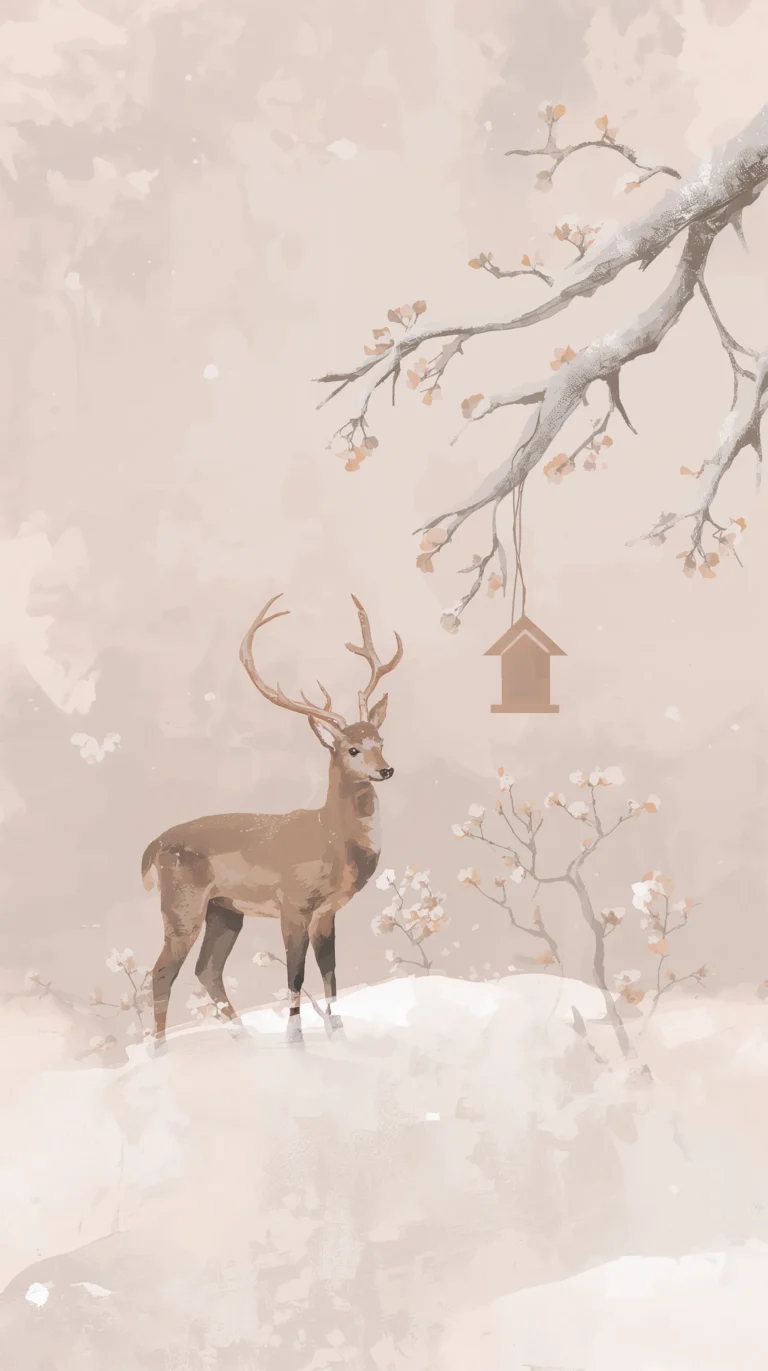 white-minimalist-wallpapers-deer-birdhouse-winter-iphone