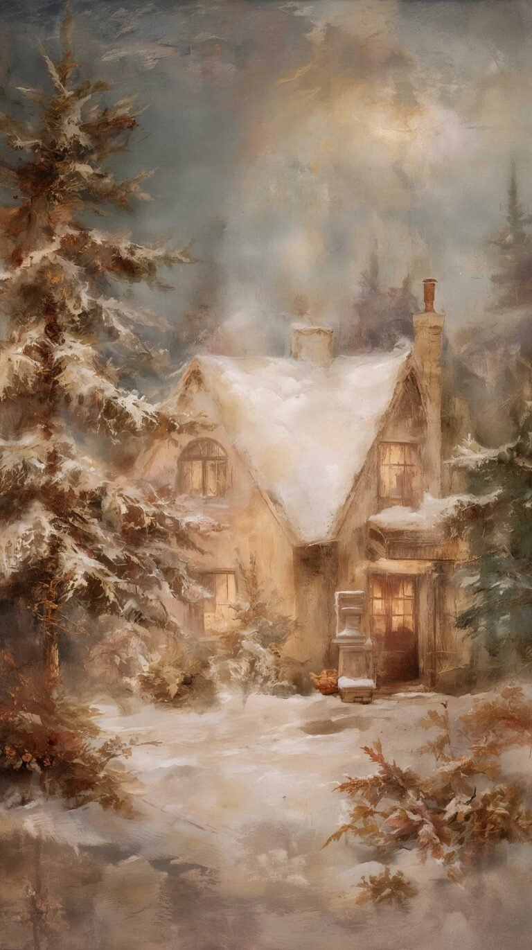christmas-oil-painting-wallpapers-winter-cabin-under-stars-phone
