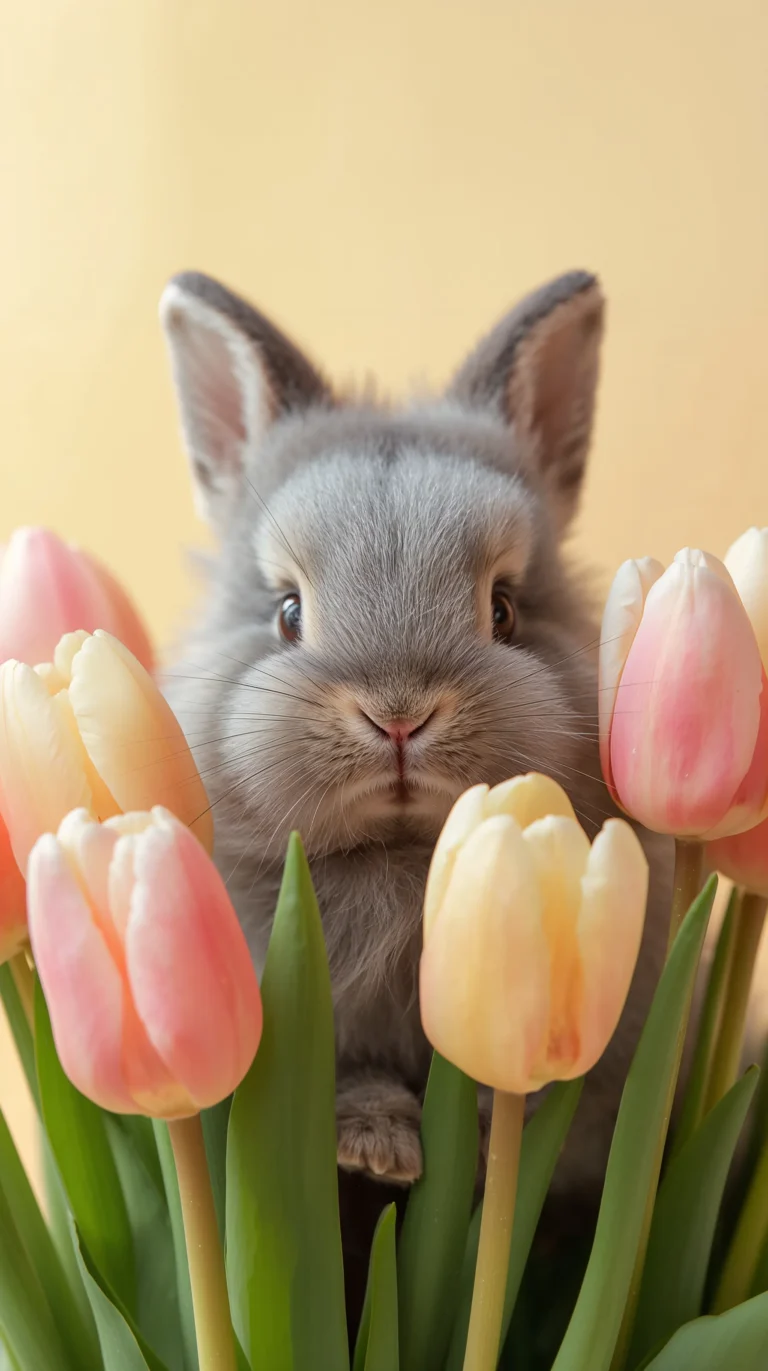 cute-spring-wallpapers-bunny-peeking-tulips-grey-phone