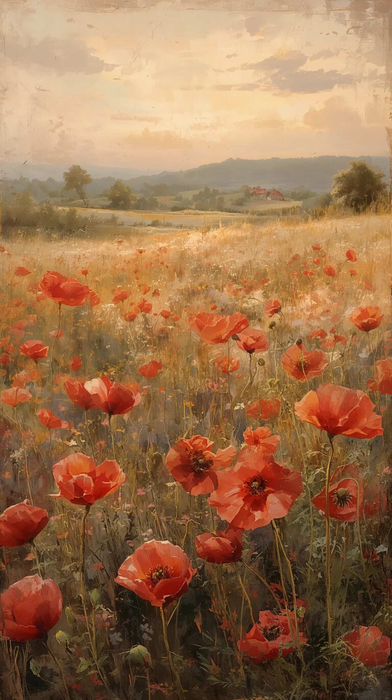 vintage-countryside-painting-wallpapers-poppy-field-sunset-phone