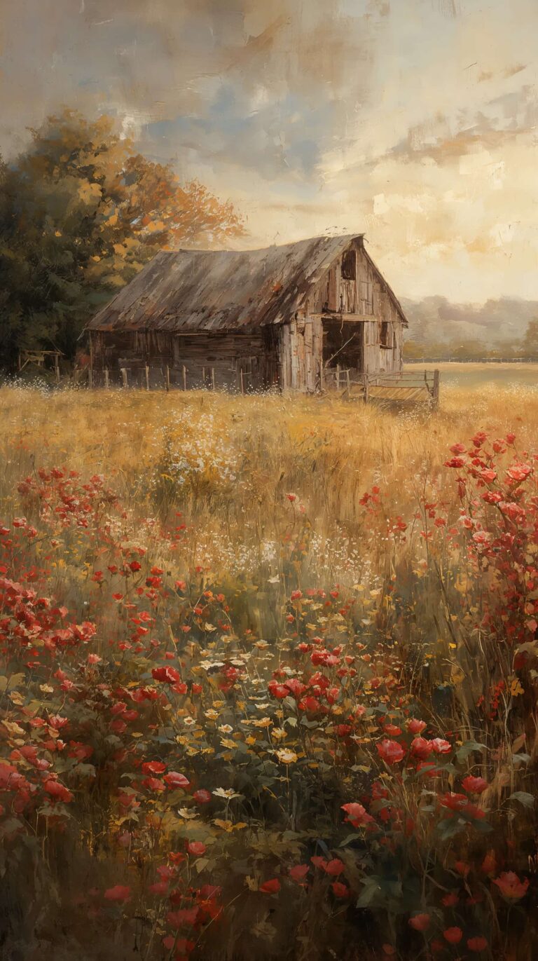 vintage-countryside-painting-wallpapers-rustic-barn-flower-field-phone