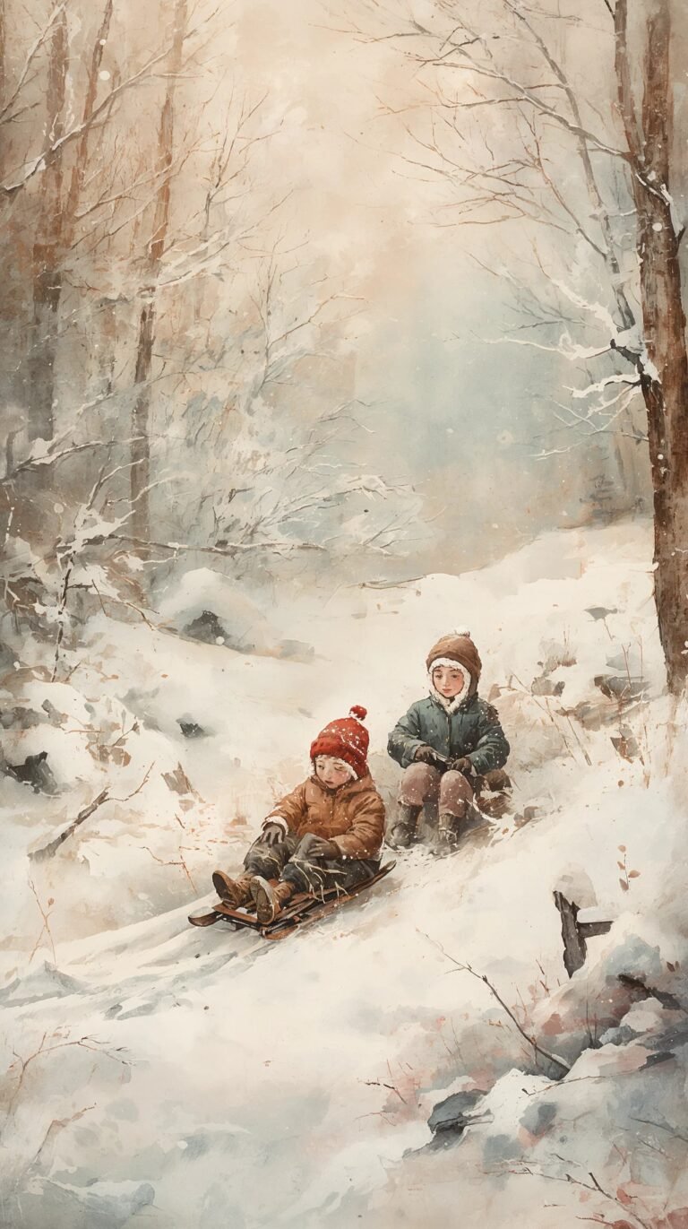 vintage-snow-wallpapers-children-sledding-storybook-style-phone
