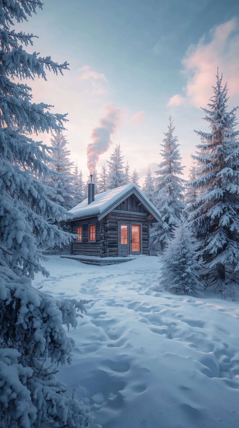winter-morning-wallpapers-snow-covered-cabin-soft-light-phone