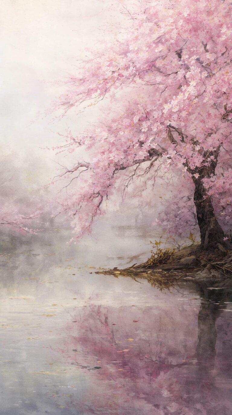 cherry-blossom-painting-wallpapers-aesthetic-lake-reflection-spring-phone