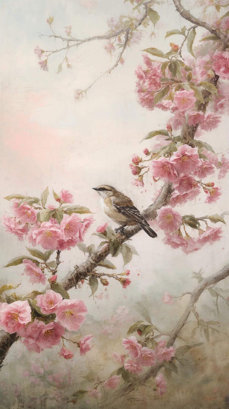 vintage-spring-painting-wallpapers-bird-blossom-branch-4k-phone
