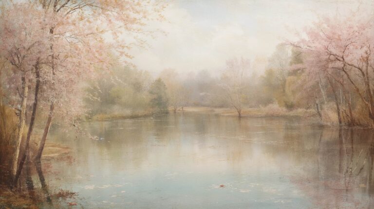 vintage-spring-painting-wallpapers-lake-blooming-trees-4k-laptop