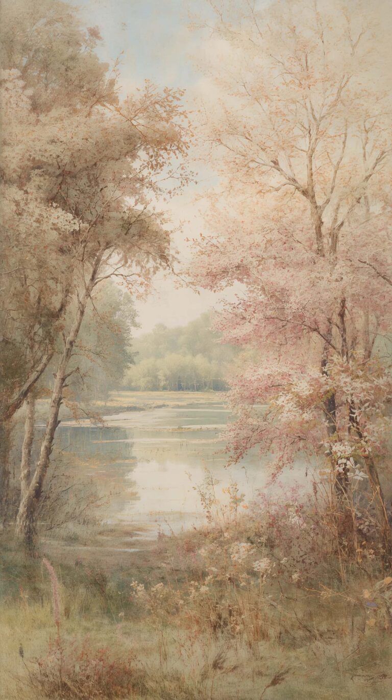 vintage-spring-painting-wallpapers-lake-blooming-trees-4k-phone