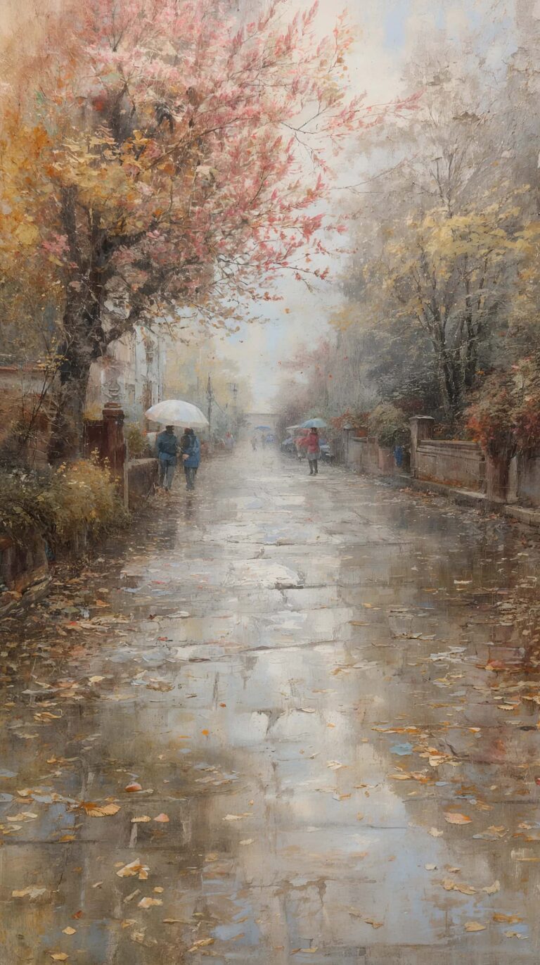 vintage-spring-painting-wallpapers-rainy-cobblestone-street-4k-phone