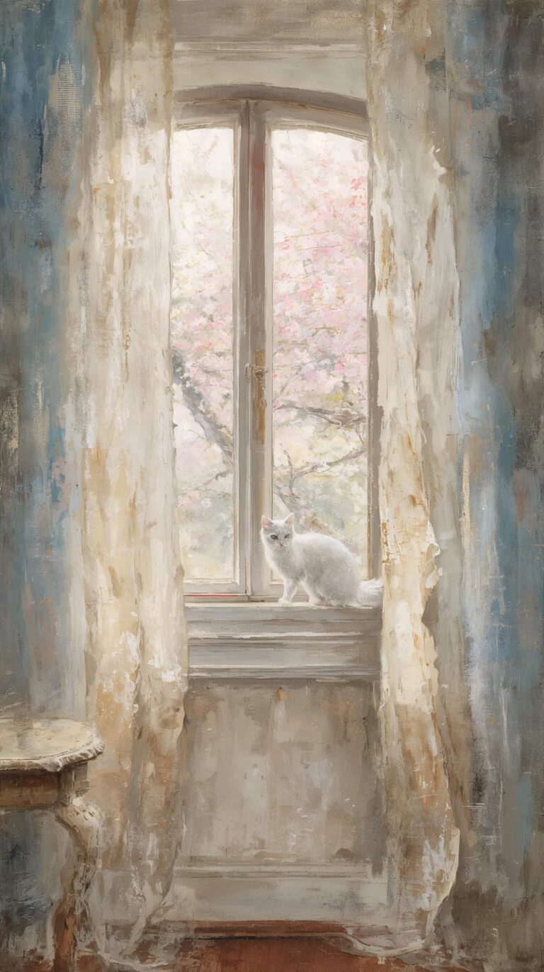 vintage-spring-painting-wallpapers-white-cat-window-light-4k-blue-phone