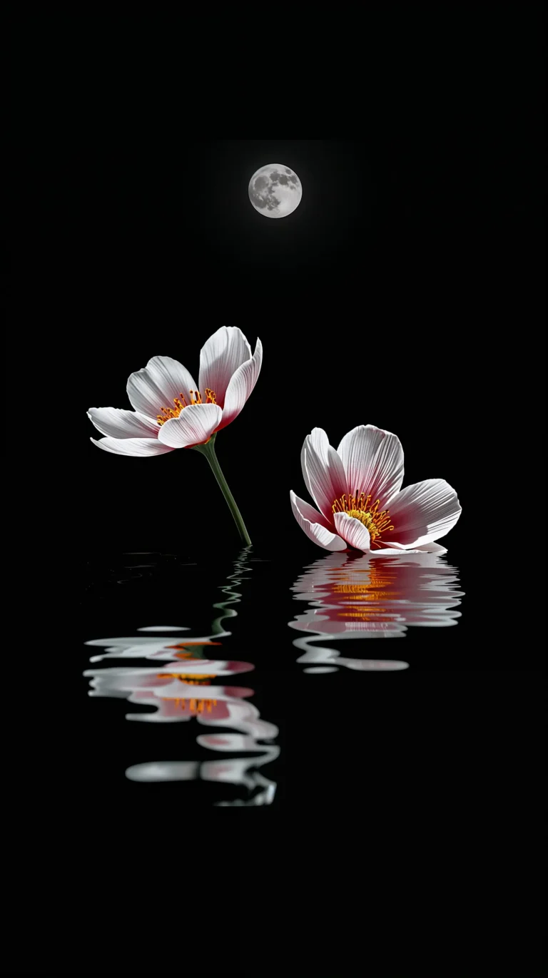black-night-garden-moonlight-spring-wallpapers-flower-reflection-water-phone-4k