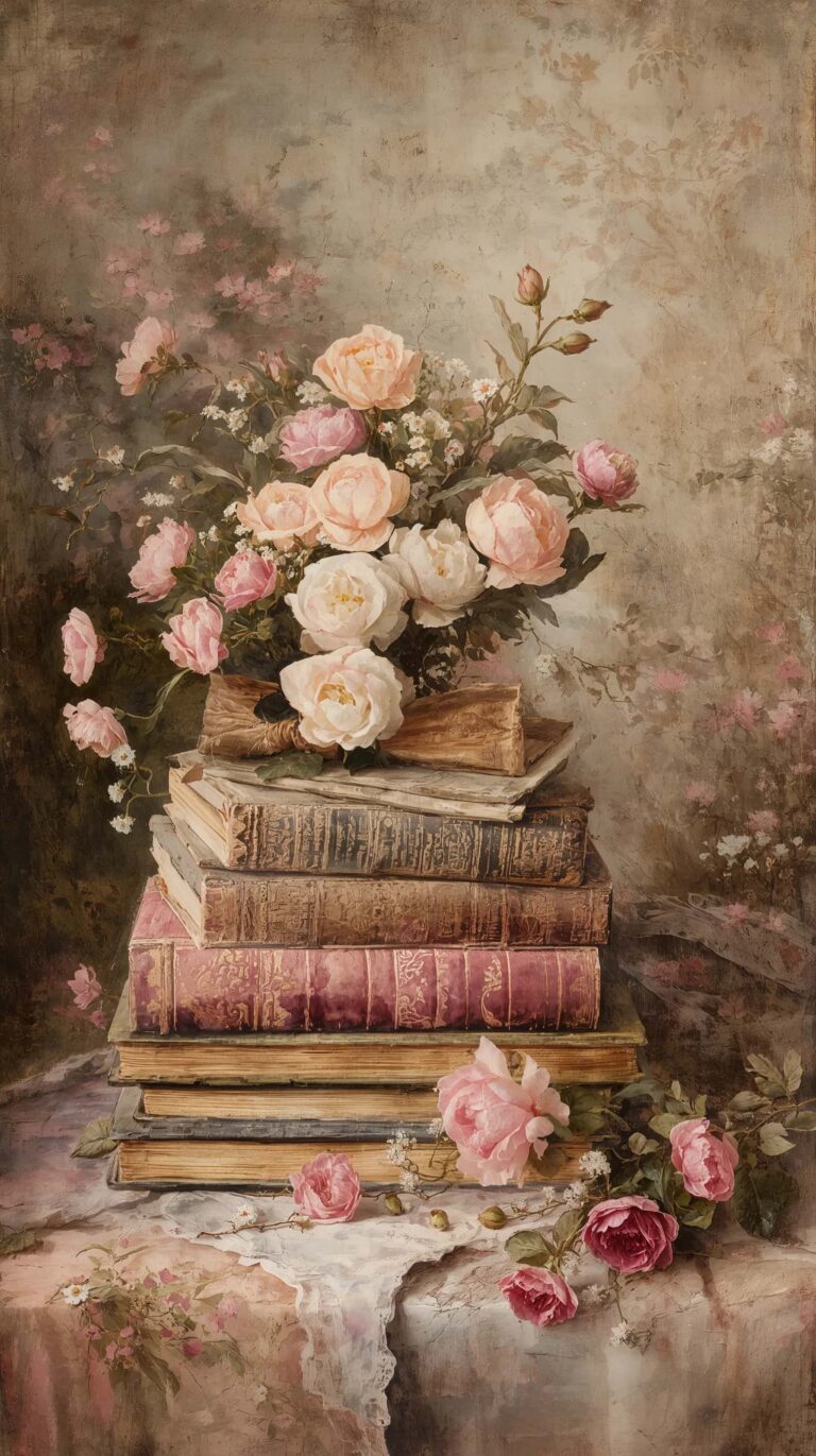 vintage-still-life-painting-wallpapers-books-flowers-antique-aesthetic-4k-phone