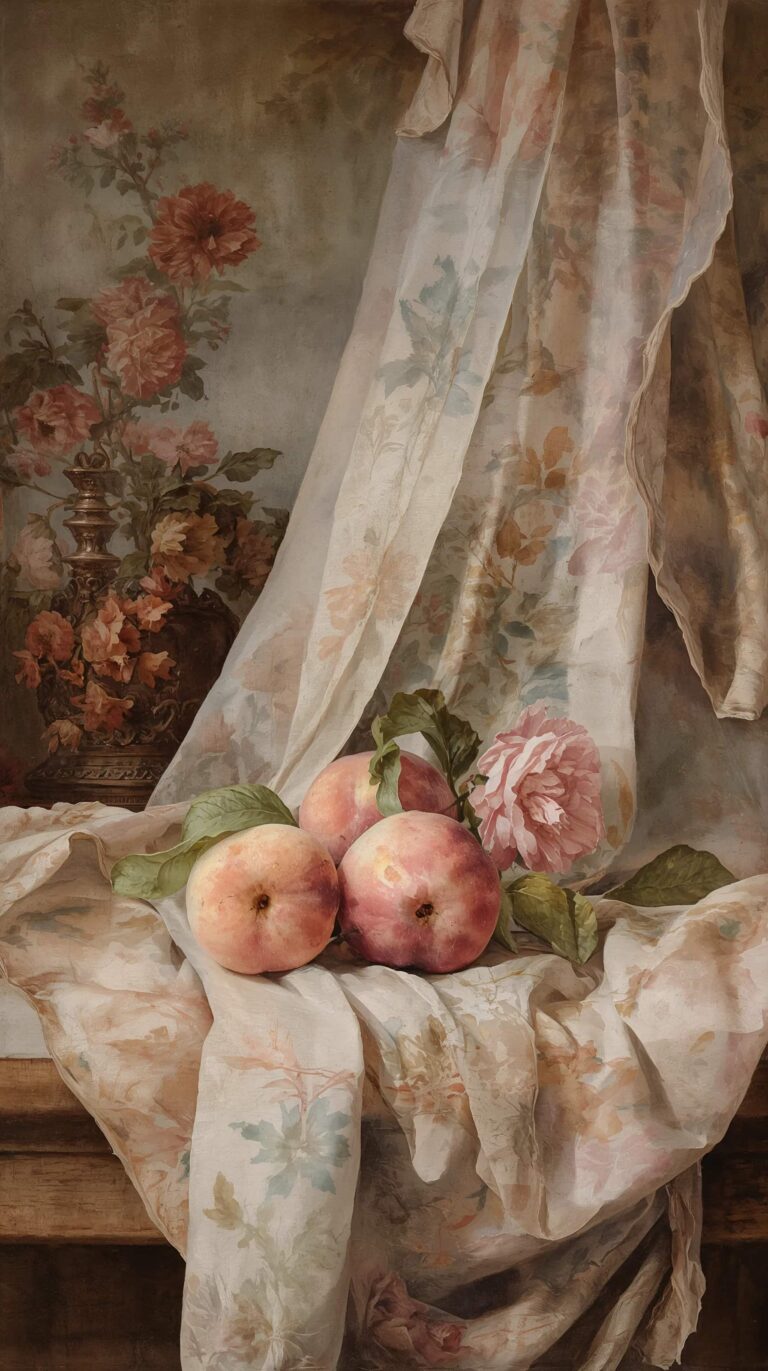 vintage-still-life-painting-wallpapers-peaches-fabric-soft-light-4k-phone