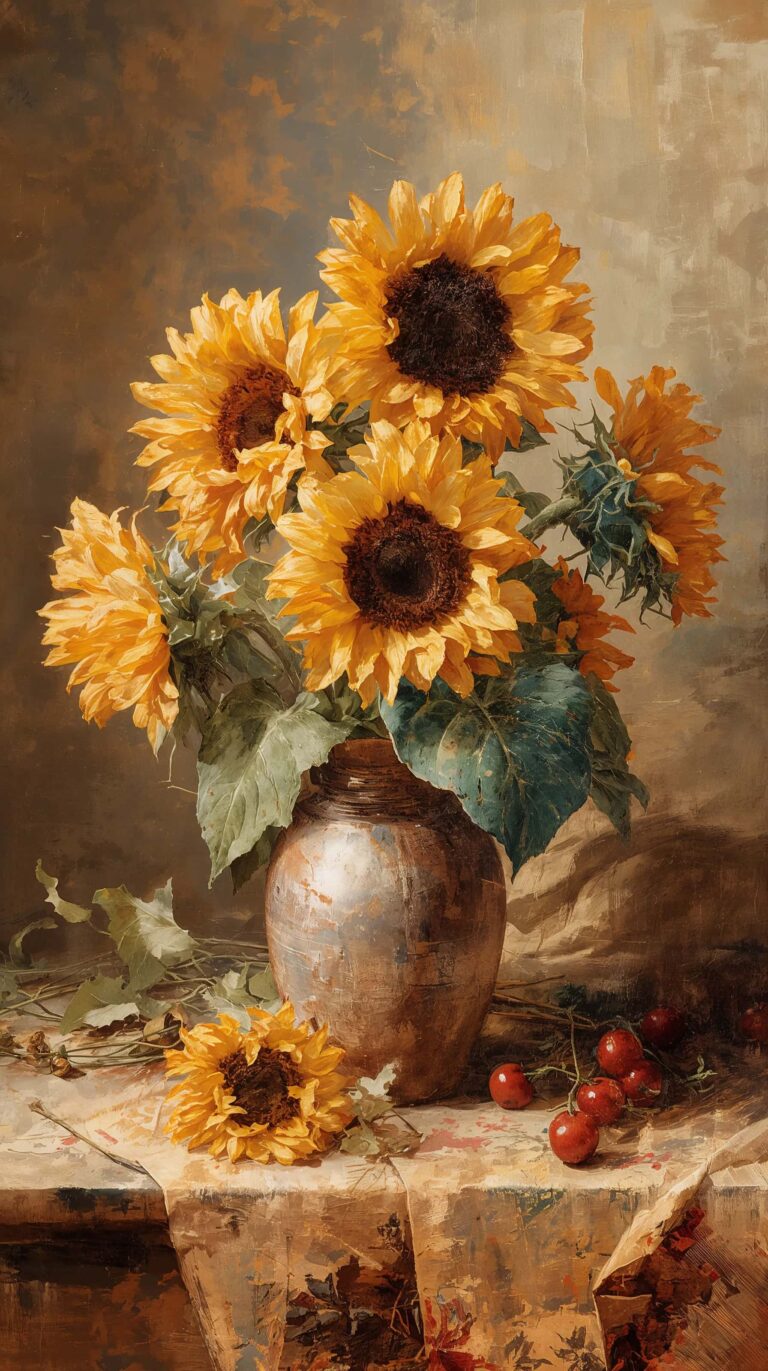 vintage-still-life-painting-wallpapers-sunflower-warm-light-rustic-4k-phone