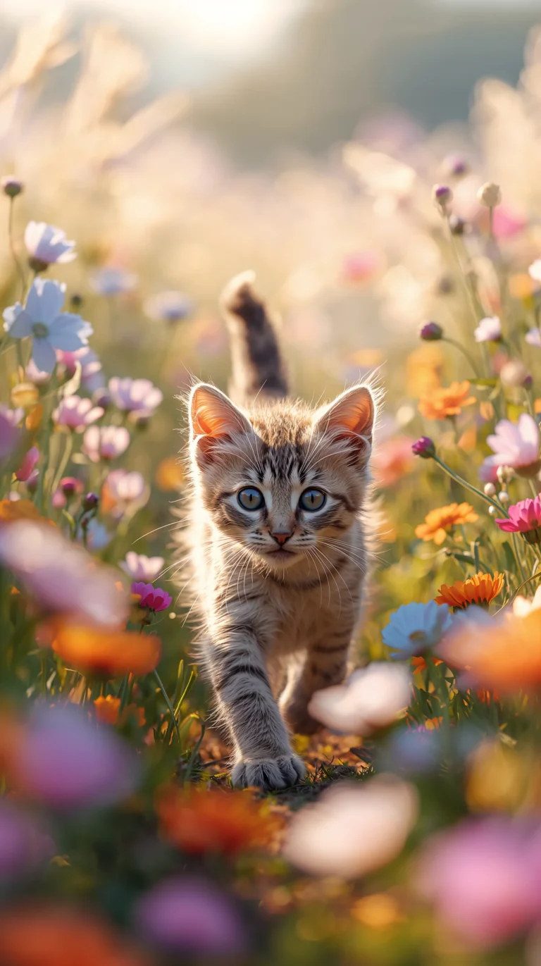 cute-animal-summer-wallpapers-kitten-flower-field-phone
