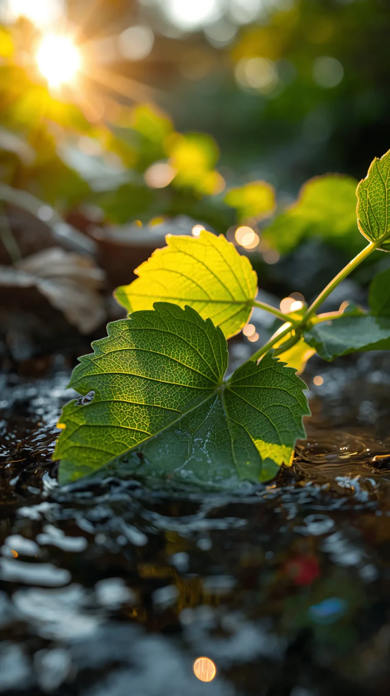 golden-hour-spring-wallpapers-water-leaves-macro-glow-4k