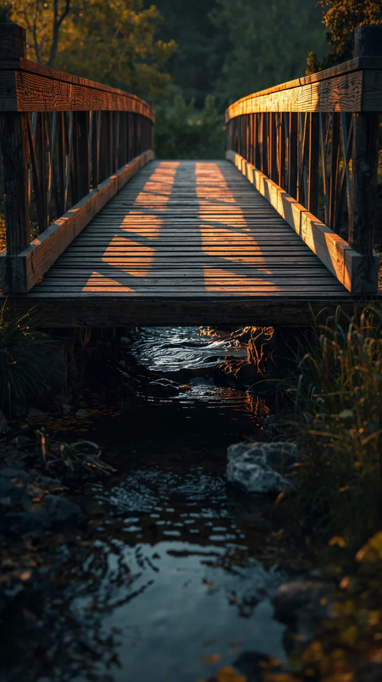 golden-hour-spring-wallpapers-wooden-bridge-stream-sunset-4k-phone