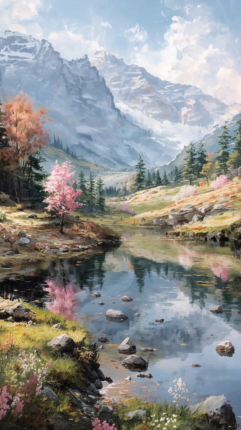 spring-mountain-painting-wallpapers-4k-impressionist-flower-hills-phone