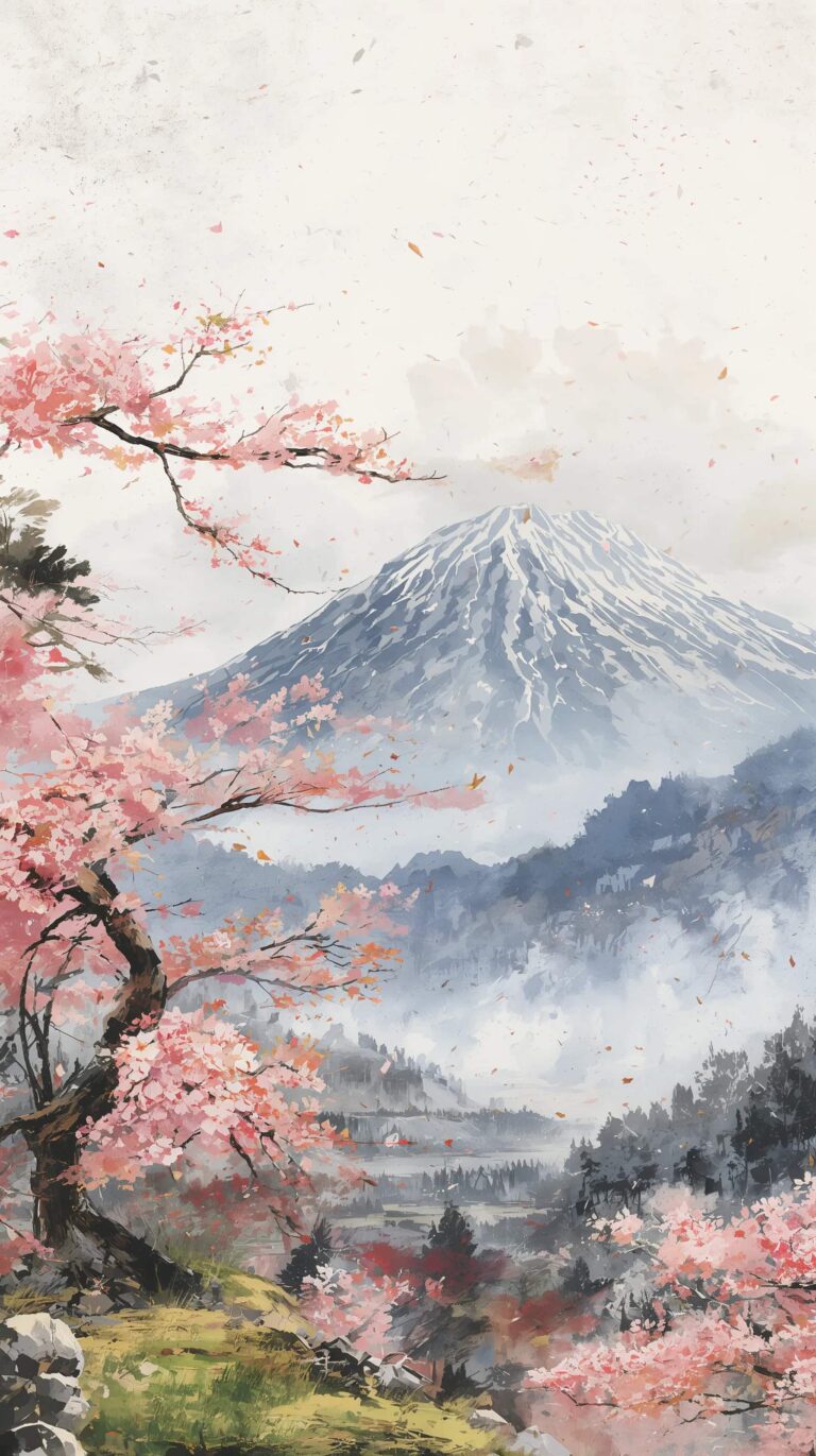 spring-mountain-painting-wallpapers-4k-japanese-sakura-mountains-phone