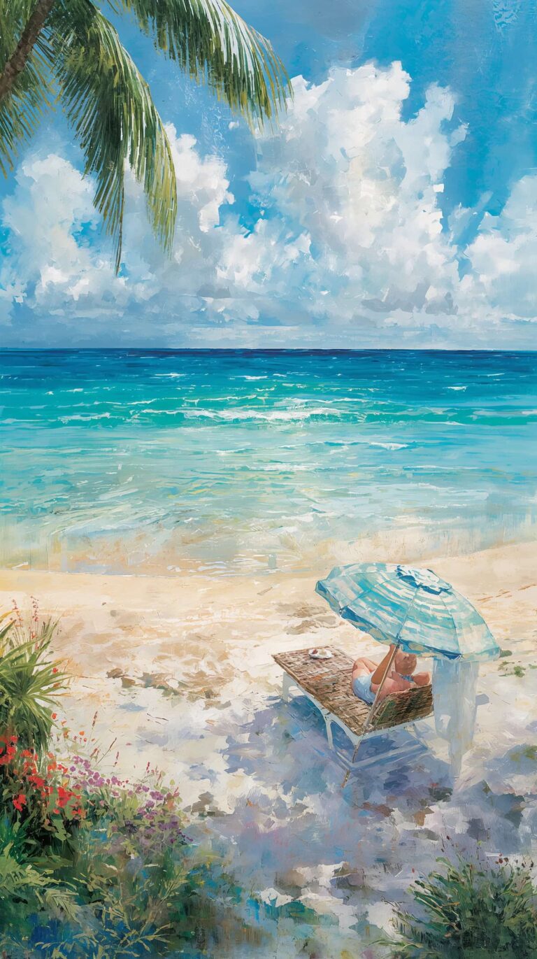 summer-landscape-painting-wallpapers-aesthetic-beach-sunbed-turquoise-ocean-phone