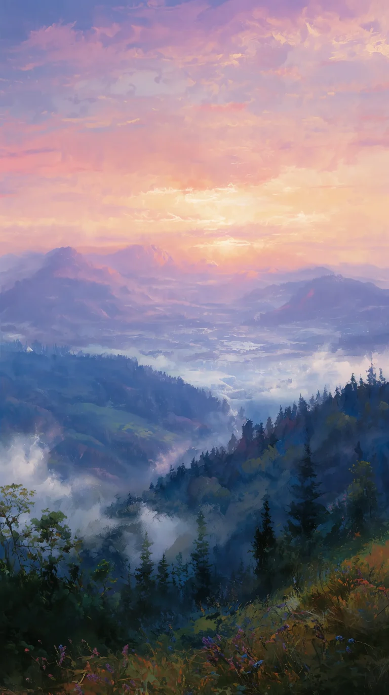 summer-landscape-painting-wallpapers-aesthetic-sunrise-mountain-glow-phone