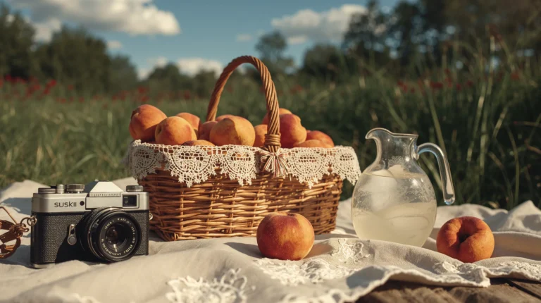 vintage-summer-wallpapers-aesthetic-picnic-old-camera-peaches-laptop