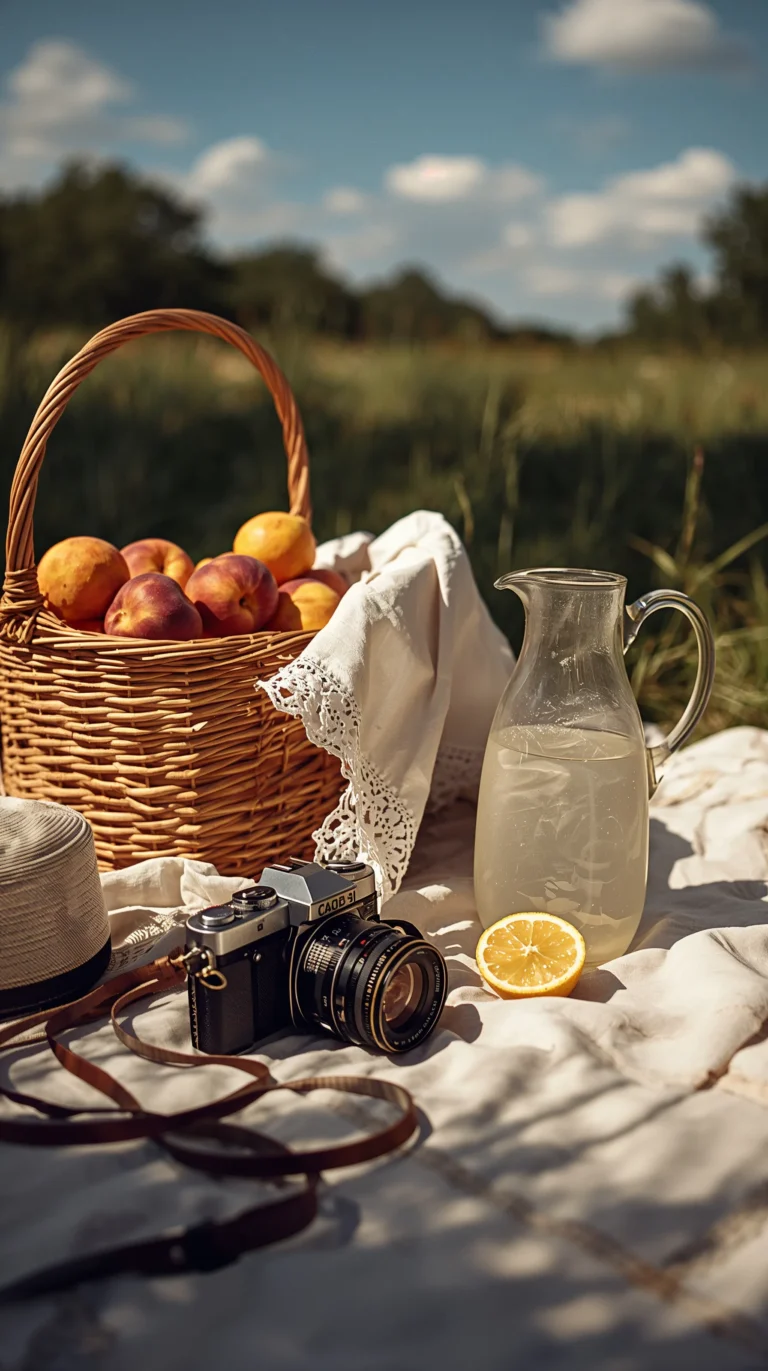 vintage-summer-wallpapers-aesthetic-picnic-old-camera-peaches-phone