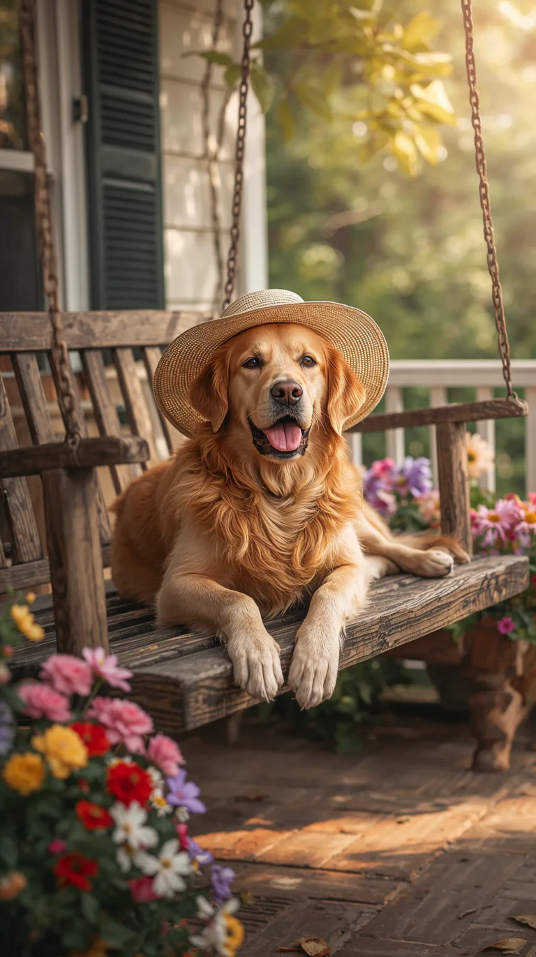 cute-dog-wallpapers-for-iphone-golden-retriever-sun-hat-porch-swing