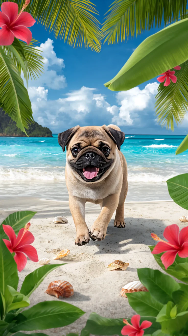 cute-dog-wallpapers-for-iphone-pug-tropical-beach-hibiscus-palm