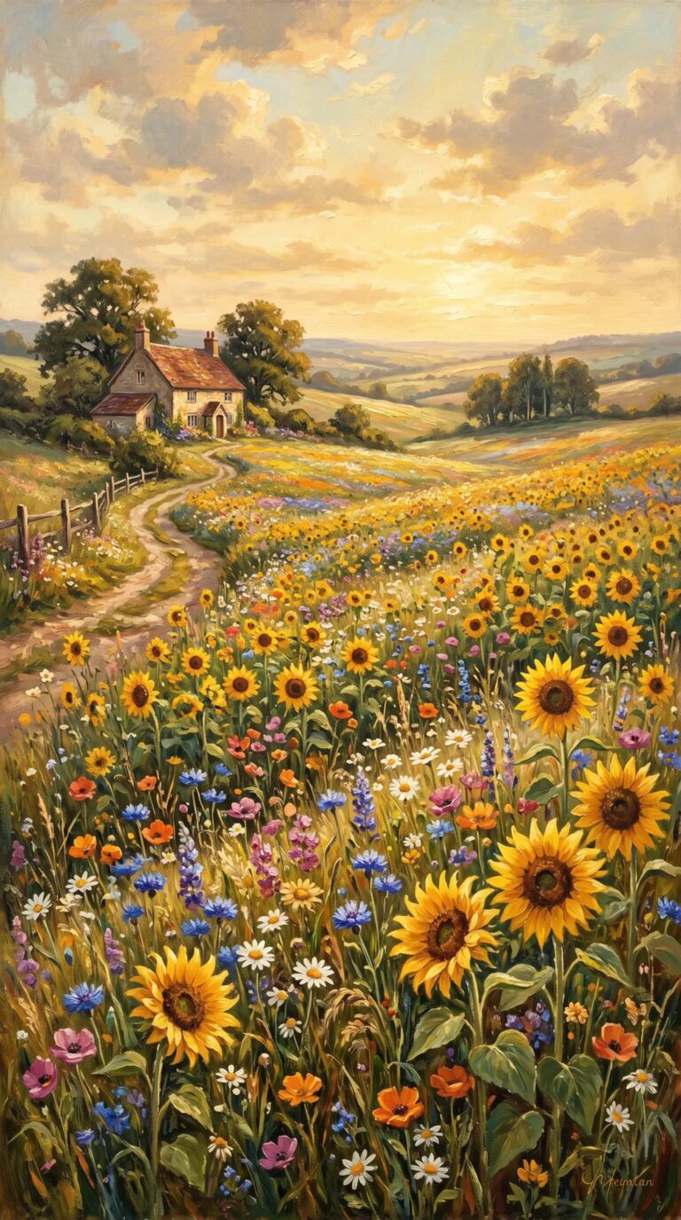 retro-summer-wallpapers-sunflower-field-oil-painting-phone